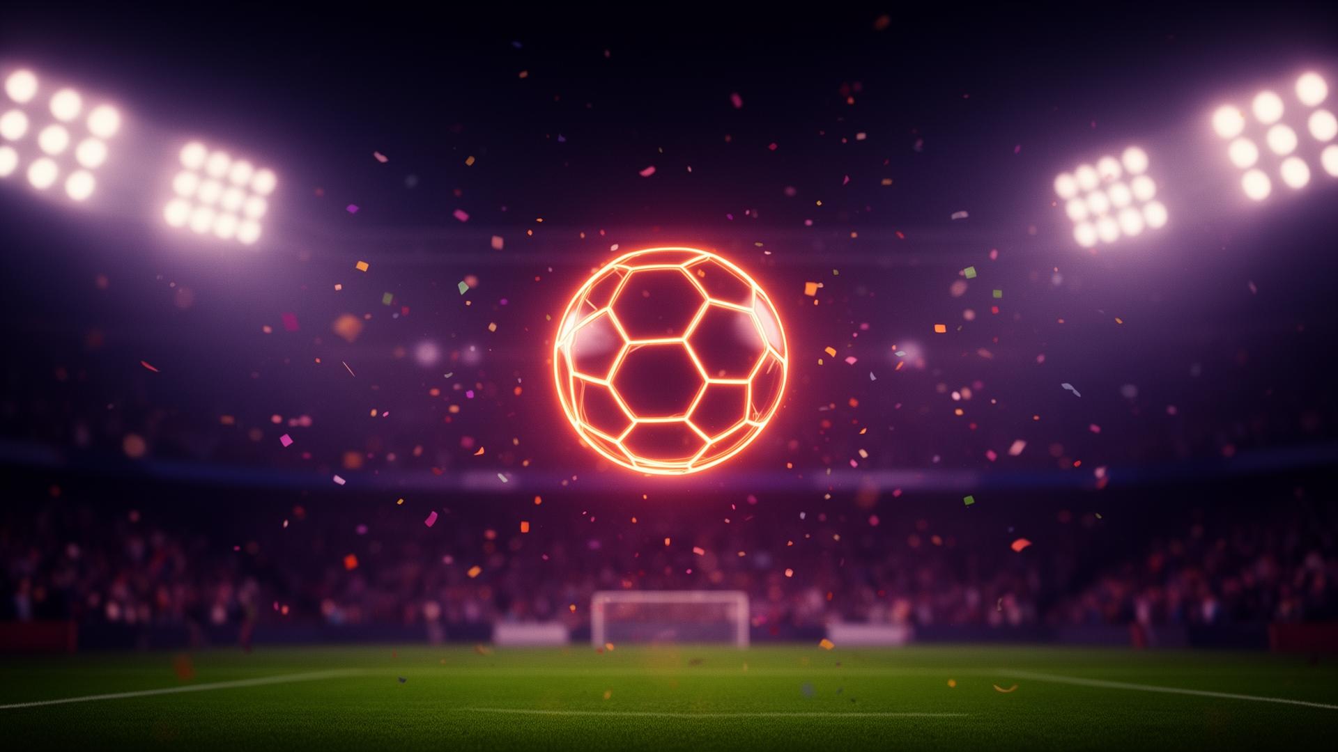 Ambiance de stade abstraite la nuit avec projecteurs et un ballon stylisé lumineux